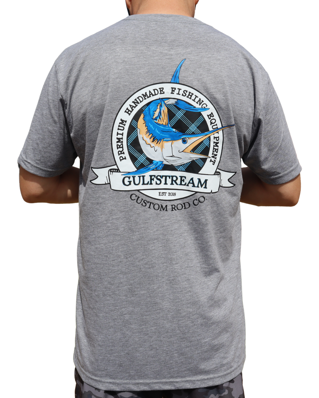 Grey t-shirt with Gulfstream Custom Rod Co Swordfish logo on the back