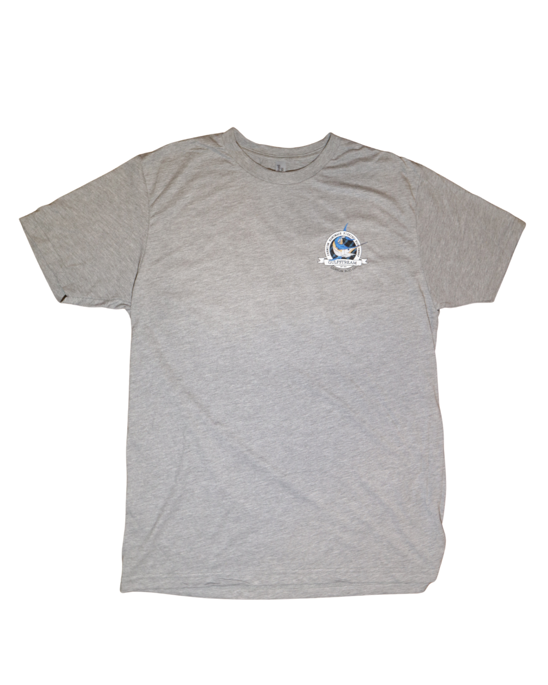 Front of grey t-shirt with Gulfstream Custom Rod Co. Swordfish logo